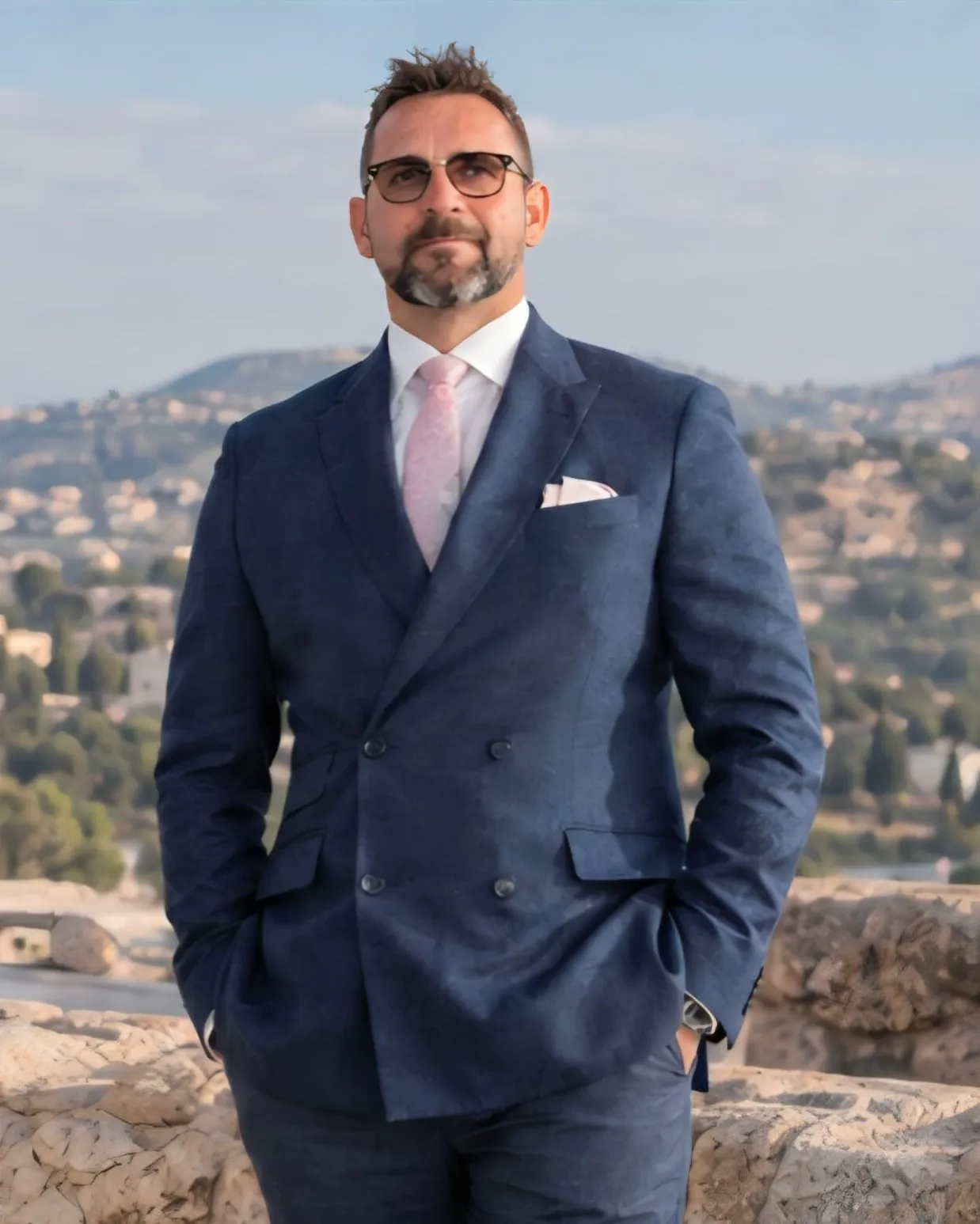 Ariel Levin, standing in a navy suit with hills behind him
